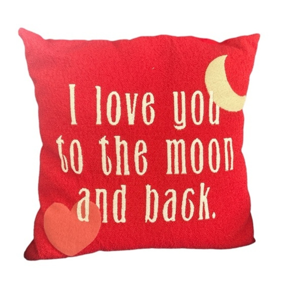LOVE YOU TO THE MOON AND BACK EMBROIDERED HEART RED THROW PILLOW